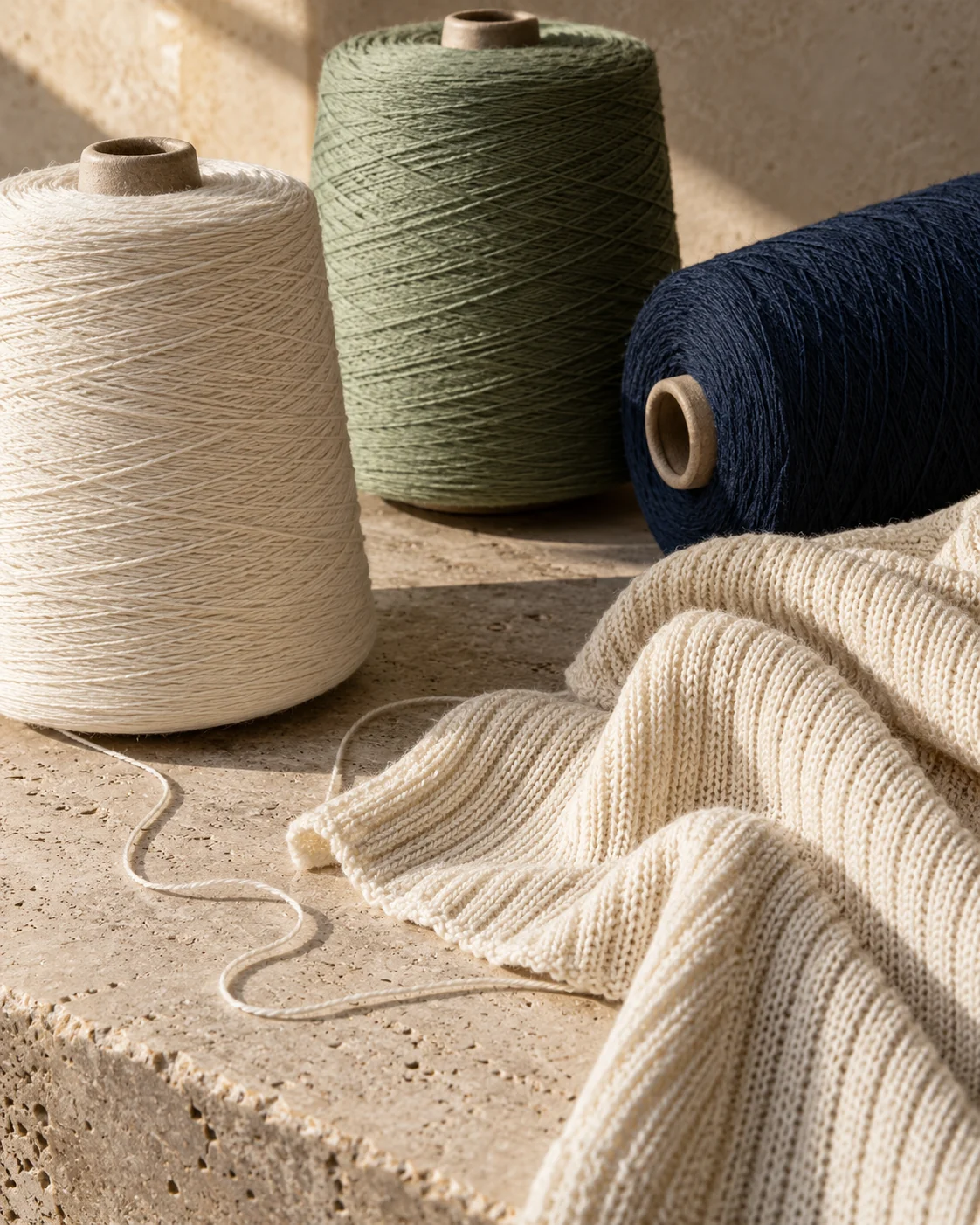 Cream, green and navy yarns with a textured knitted fabric swatch